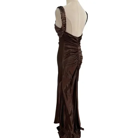 Vtg 90s Zum Zum brown satin dress sequin straps evening gown ruched low back 3/4 - Picture 6 of 8
